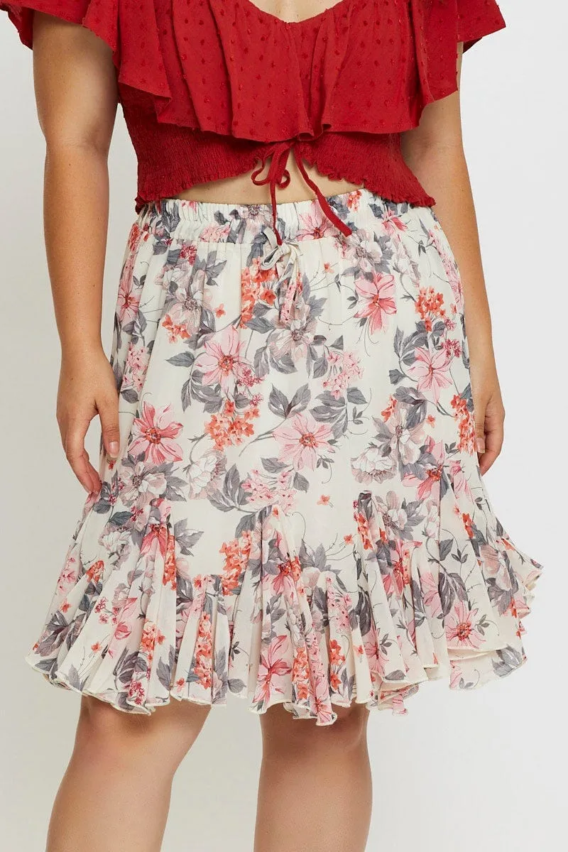 Hidden pockets light colors Floral Print Mini Wrap Skirt Ruffle Hem