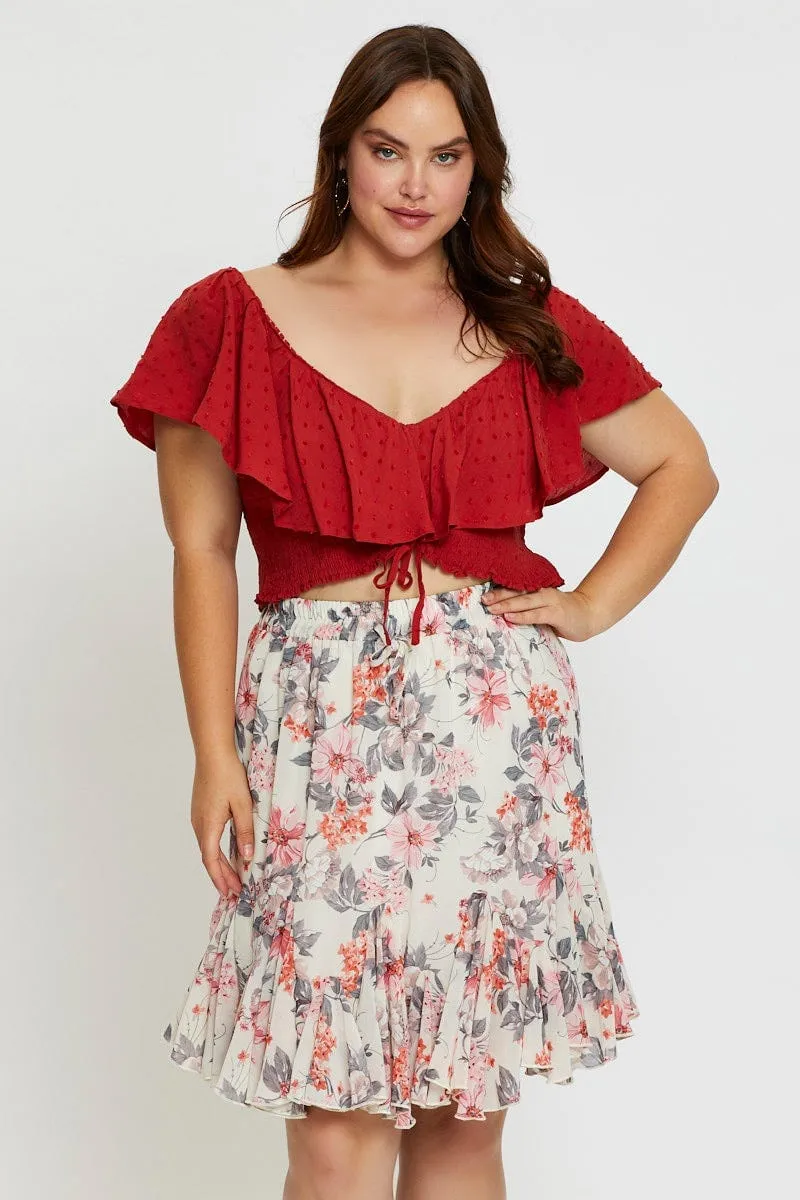 Floral Print Mini Wrap Skirt Ruffle Hem Soft Lining