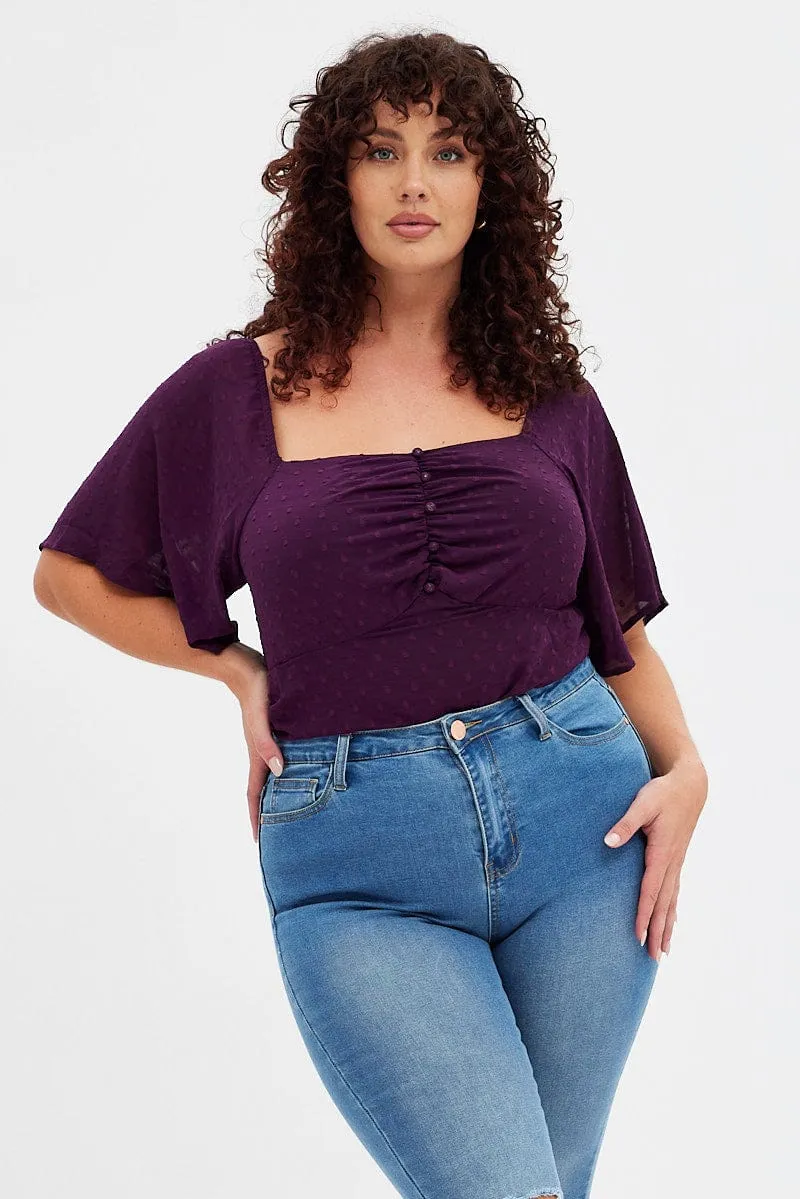 AntimicrobialCoating Night Out Purple Ruched Bodysuit Short Sleeve