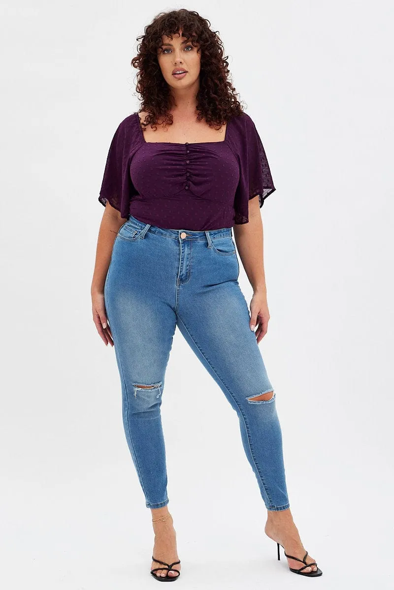 Purple Ruched Bodysuit Short Sleeve Silk Glow SnagFree Surface