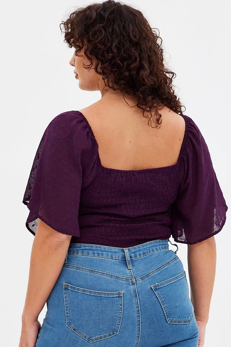 Purple Ruched Bodysuit Short Sleeve FlexibleCollar NonIrritatingSeams