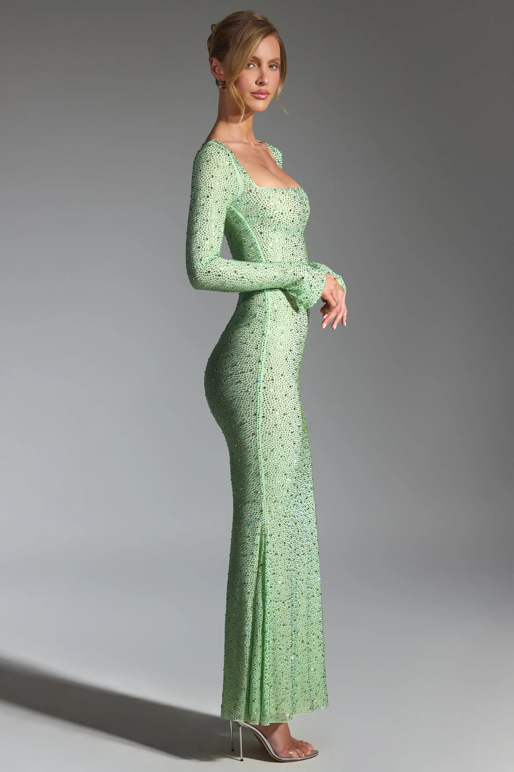 Embellished Fishtail Maxi Dress in Pistachio Tile Court