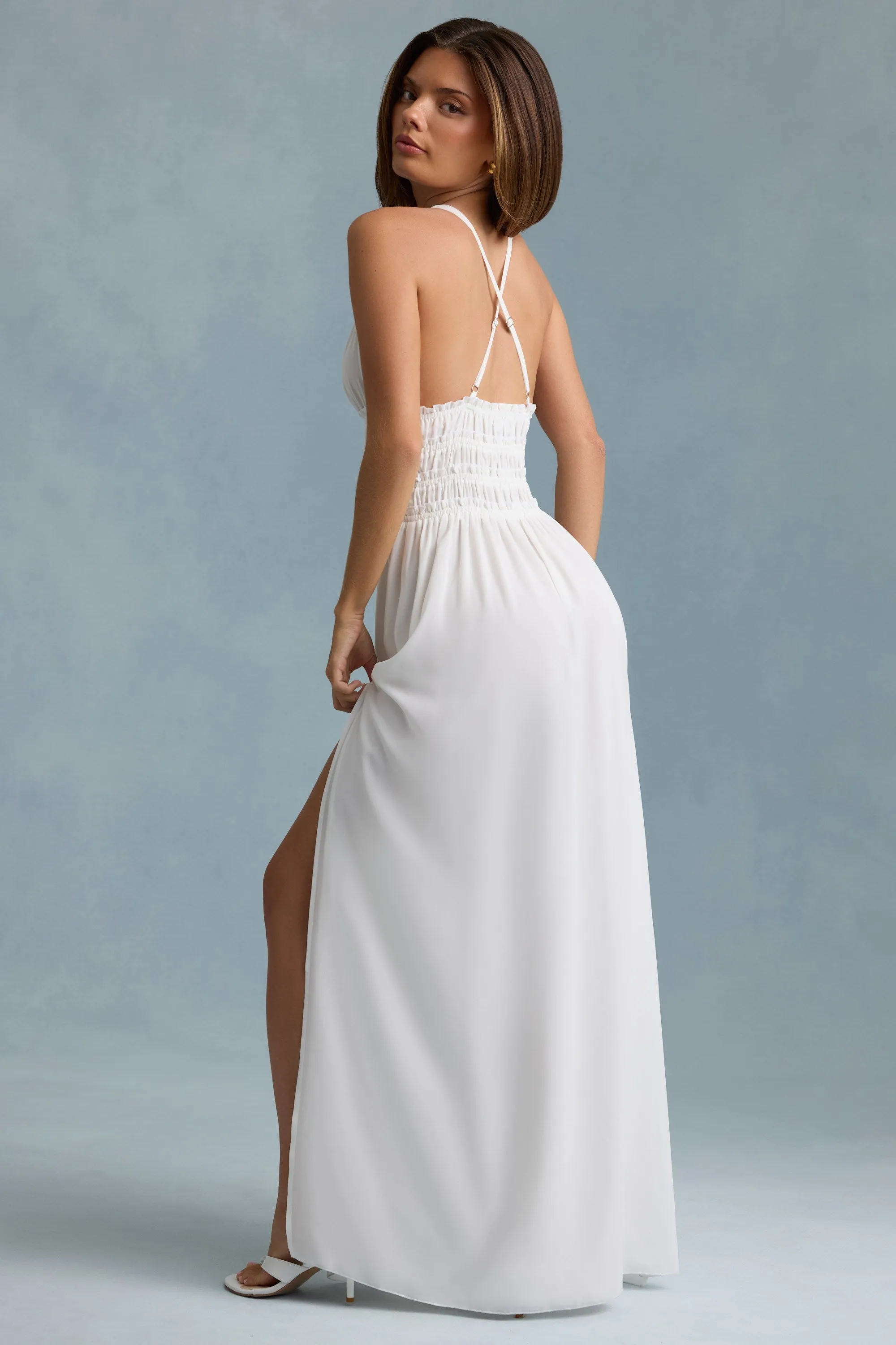 Plunge Cross-Back Maxi Dress in White Luxurious evening party dress