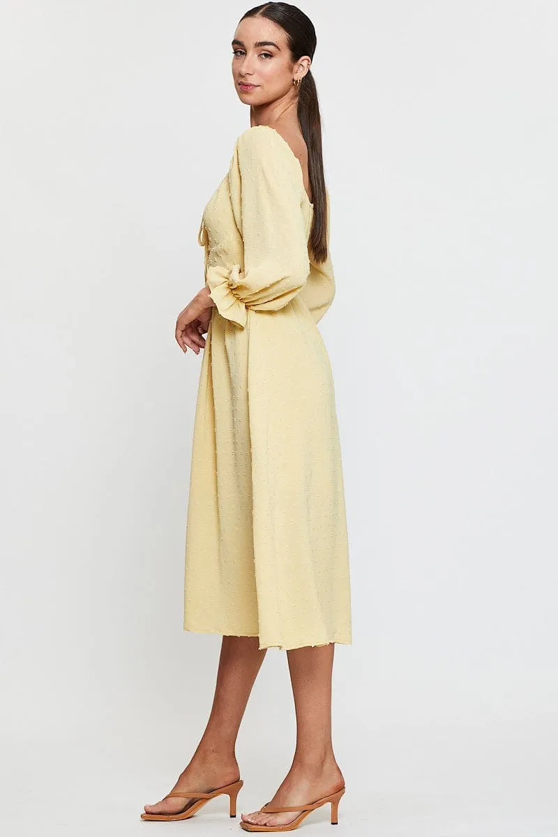 Meadow Path Front Button Yellow Maxi Dress Long Sleeve V Neck