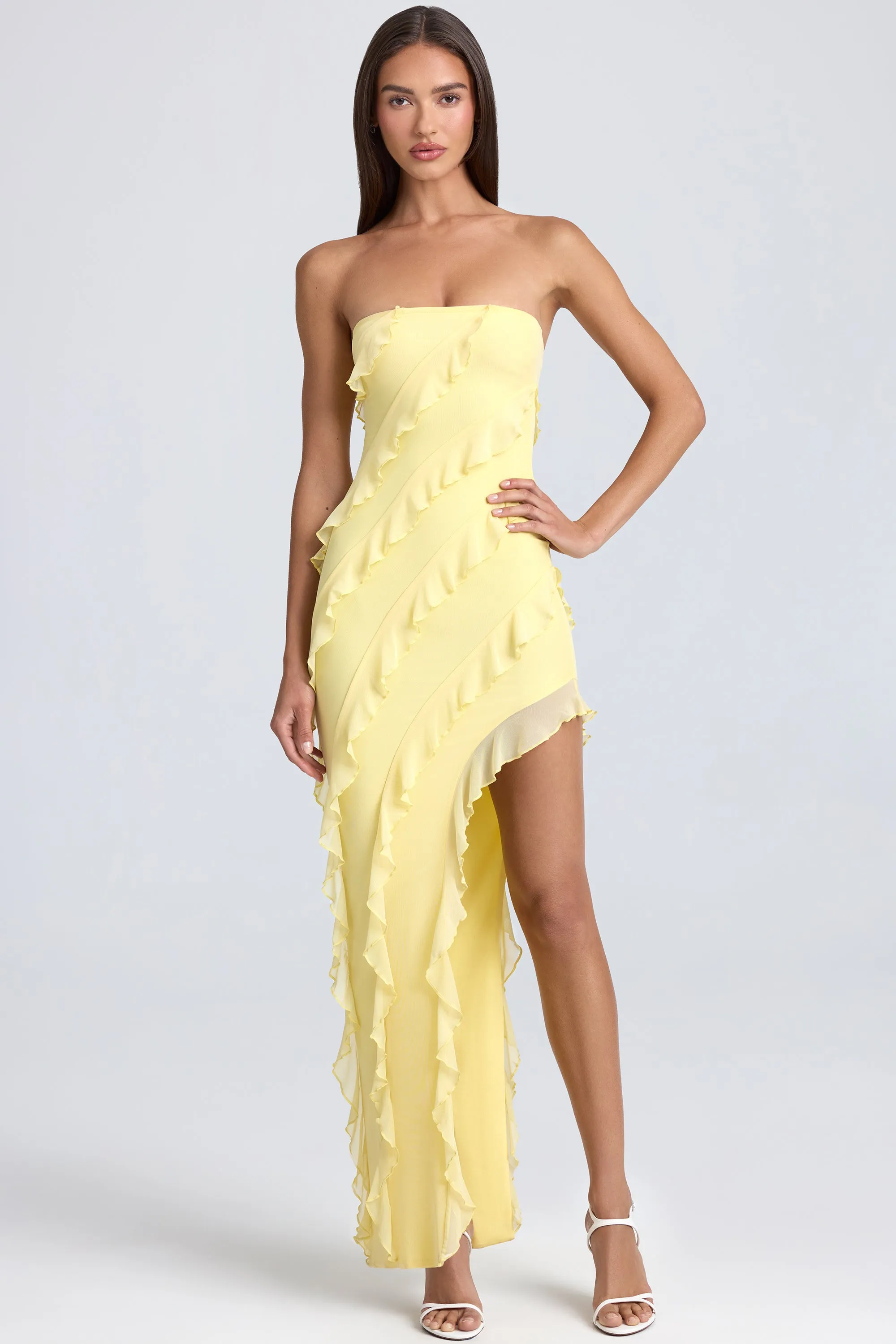 Velvet Glow With a flattering shape and versatile design this dress is perfect for all occasions Bandeau Ruffle-Trim Maxi Dress in Lemon Sherbet