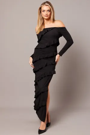 spring fresh Black Maxi Dress Off Shoulder Ruffle Bardot Dress