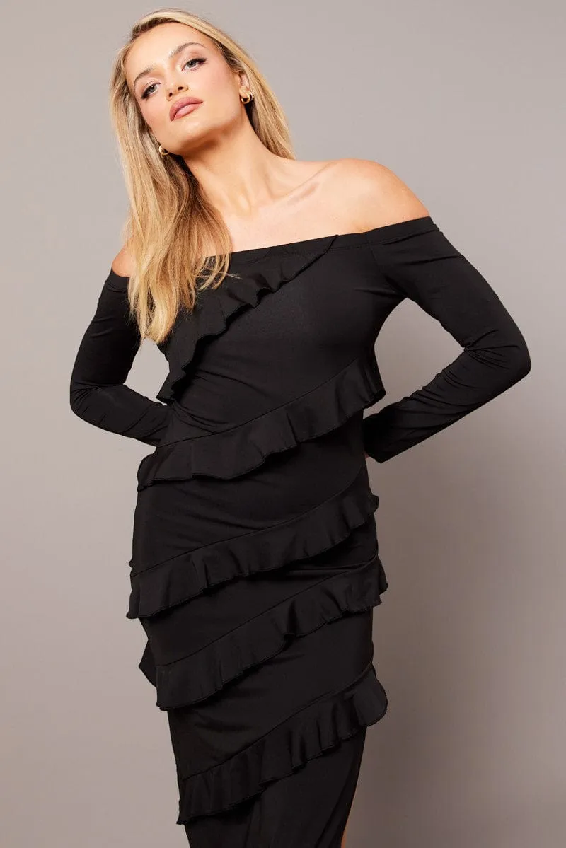 Canvas Glow Voile Light Black Maxi Dress Off Shoulder Ruffle Bardot Dress