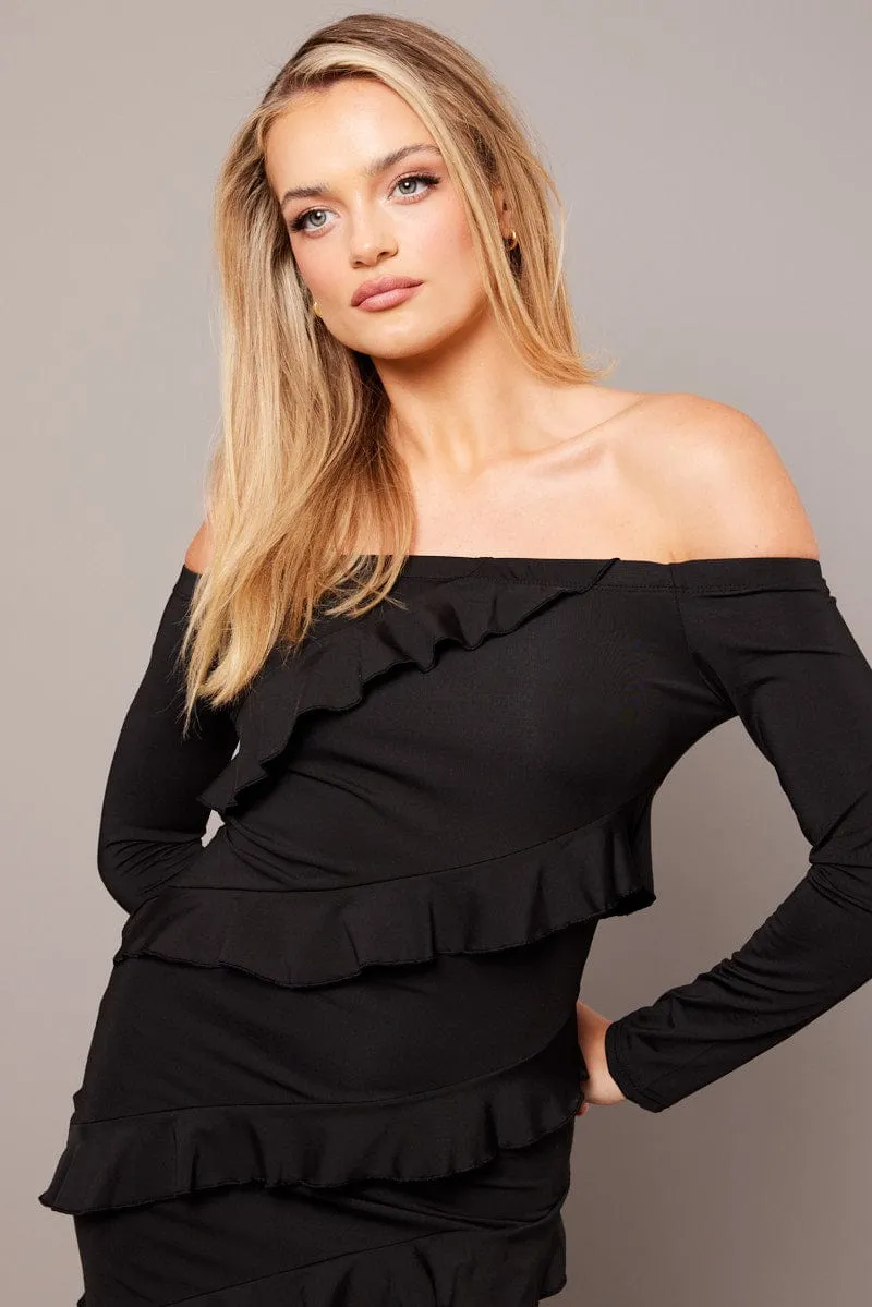 Black Maxi Dress Off Shoulder Ruffle Bardot Dress Wood Glow The simple yet chic design of this maxi dress ensures it can be dressed up or down