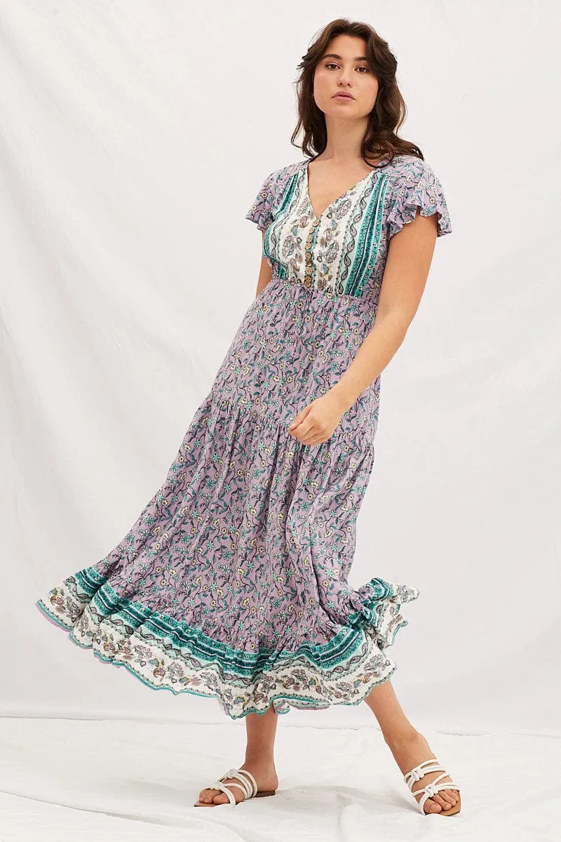 Classic Grace Day-to-evening wear Boho Print V-Neck Short Sleeve Maxi Dress