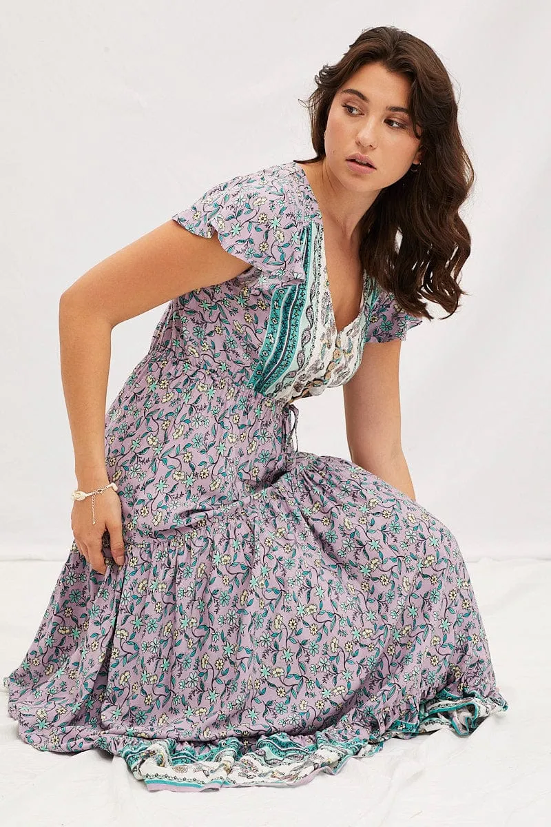 Ruffle Hem Muslin Glow Boho Print V-Neck Short Sleeve Maxi Dress