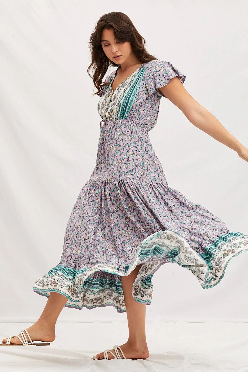Shimmer Light Mist Path Boho Print V-Neck Short Sleeve Maxi Dress