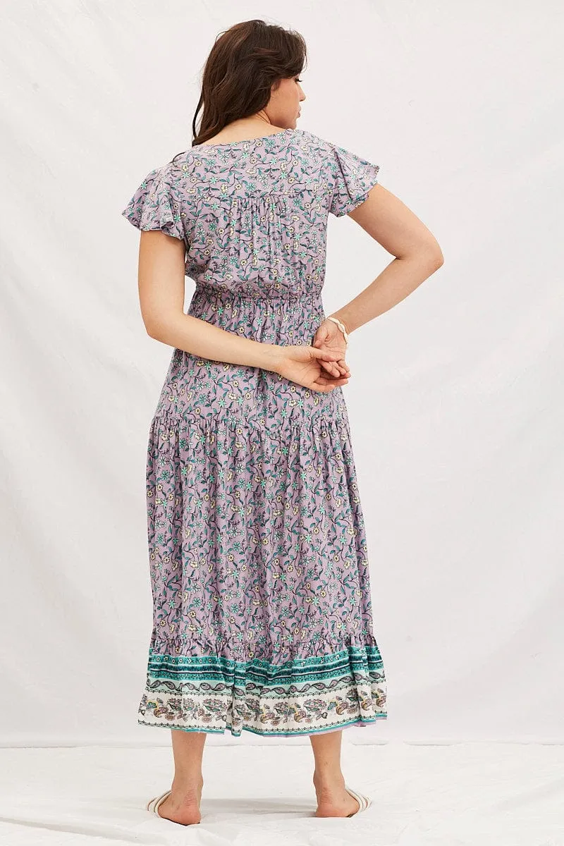 Dawn Calm Boho Print V-Neck Short Sleeve Maxi Dress