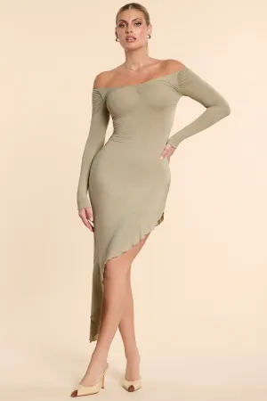 Long Sleeve Off-The-Shoulder Modal Cashmere Blend Maxi Dress in Taupe Tropical Path