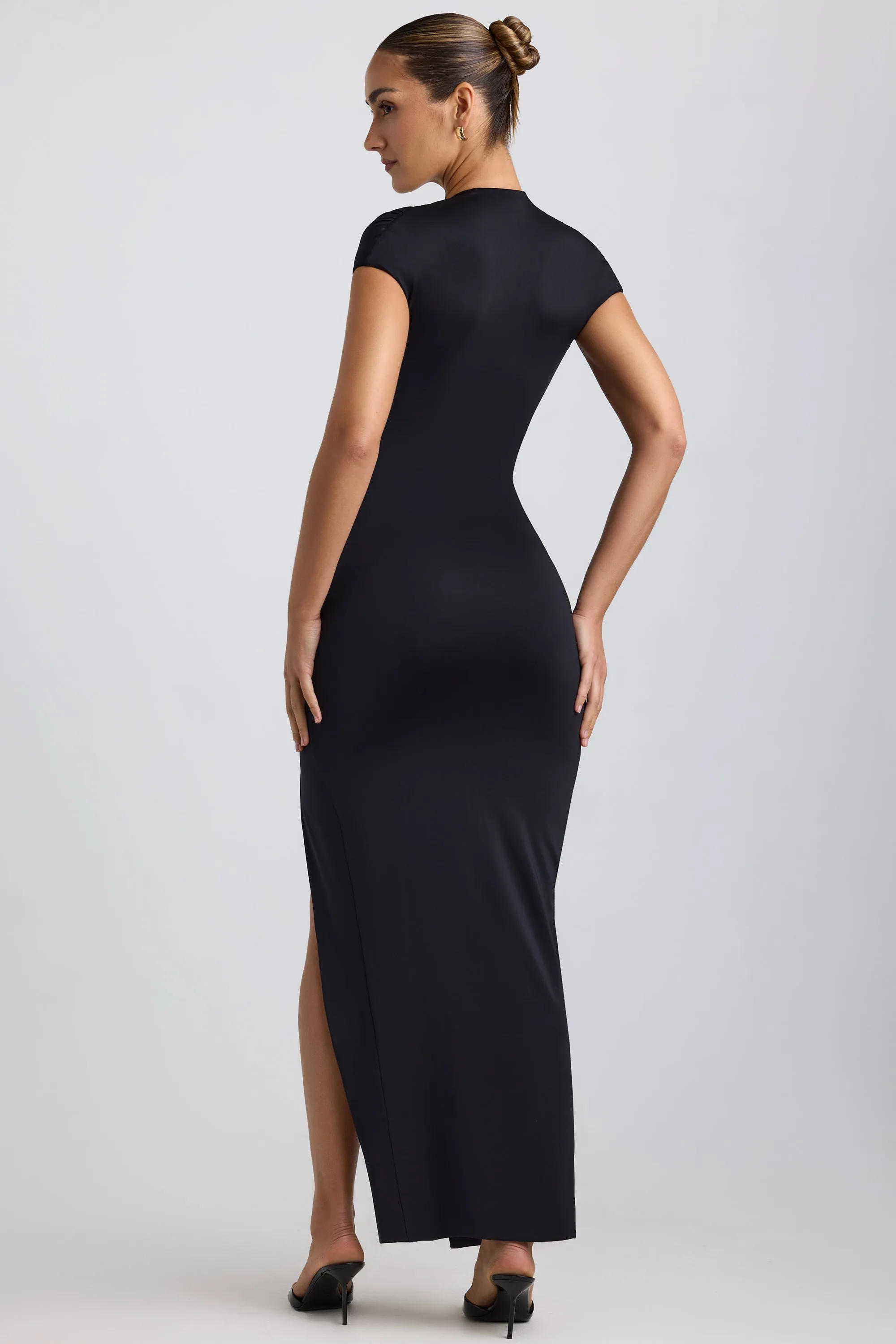Heart Glow Slinky Jersey Plunge Hardware Detail Maxi Dress in Black