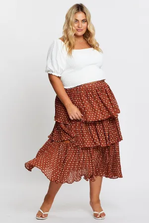 Reinforced Seams Brown High Waist Frill Tiered Midi Skirt