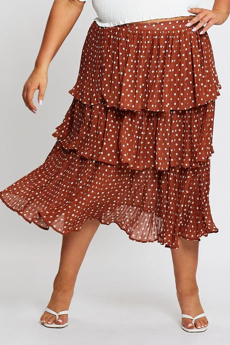 urban scene Back Slit Brown High Waist Frill Tiered Midi Skirt
