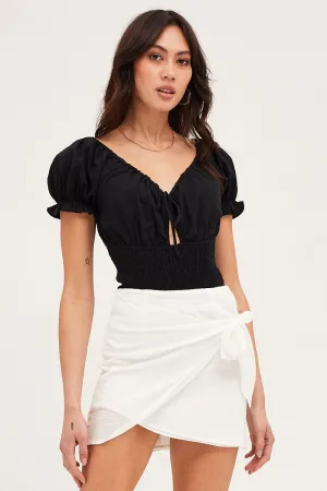 White Front Tie Wrap Mini Skirt Contoured Waist