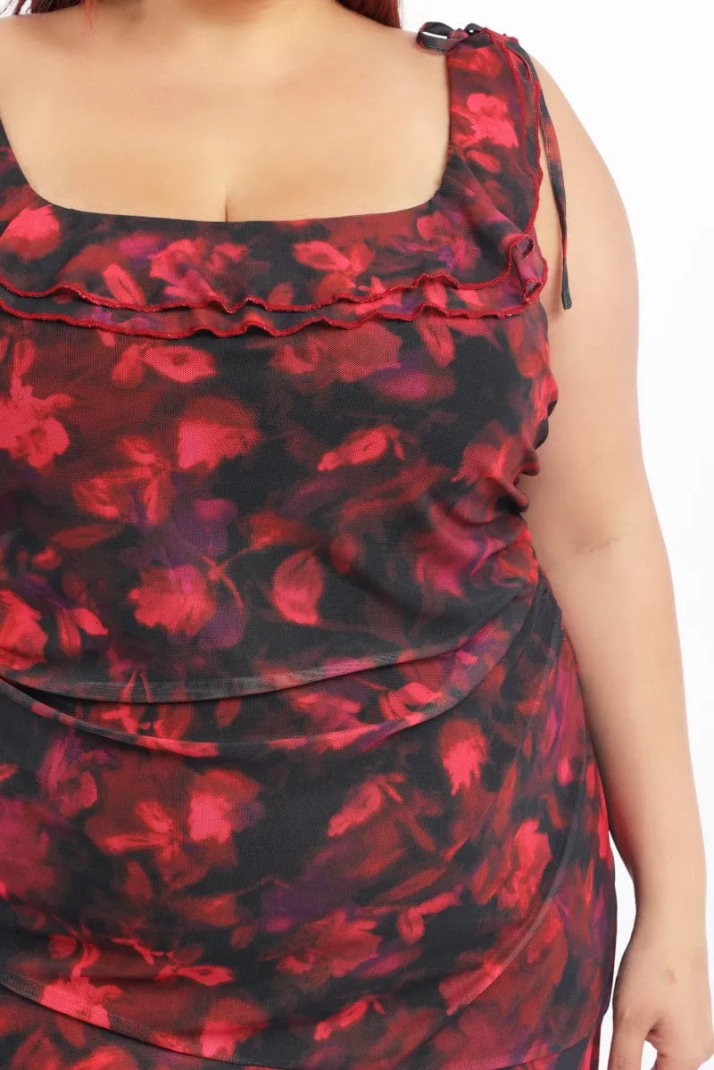 Multi Floral Mesh Mini Dress Off Shoulder Ruched Sides Edge Hot