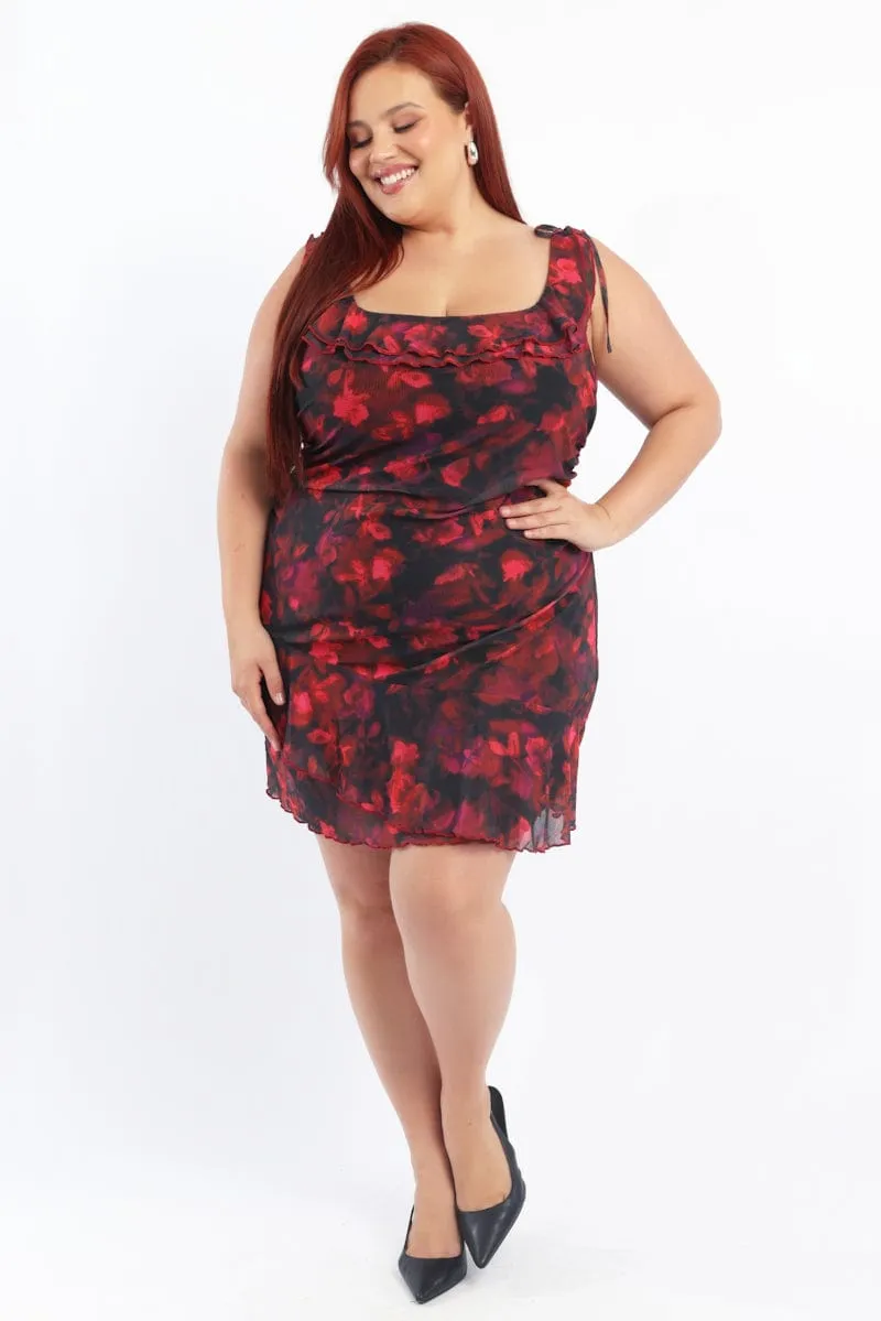 Comfort Fit Summer Ready Multi Floral Mesh Mini Dress Off Shoulder Ruched Sides