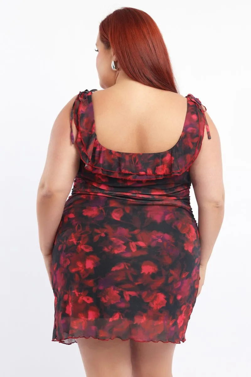 Light Fit Y2K Feel Multi Floral Mesh Mini Dress Off Shoulder Ruched Sides