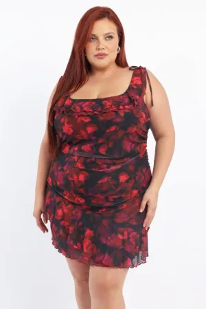 Multi Floral Mesh Mini Dress Off Shoulder Ruched Sides Bohemian Design Relaxed-fit mini gown