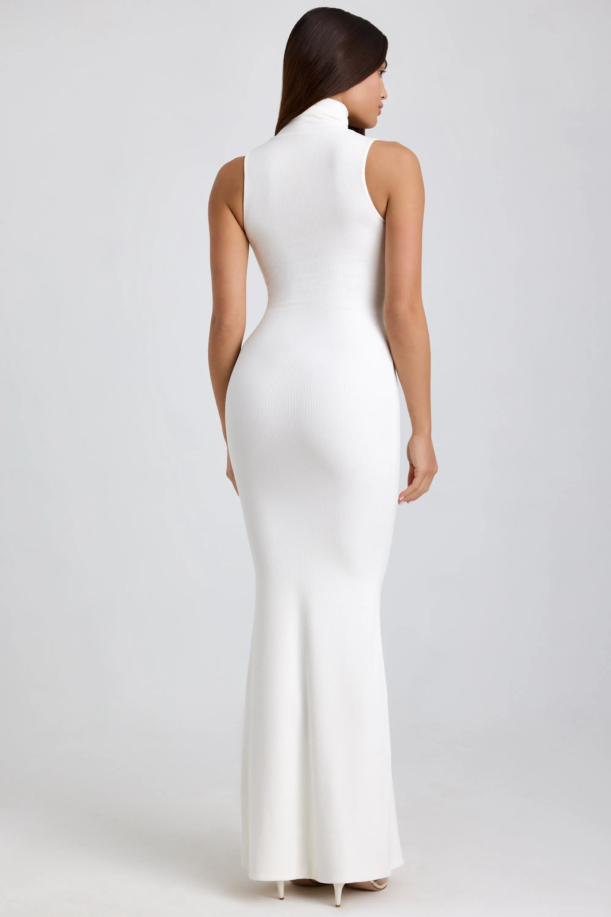 Ribbed Modal Turtleneck Maxi Dress in White Confident Walk