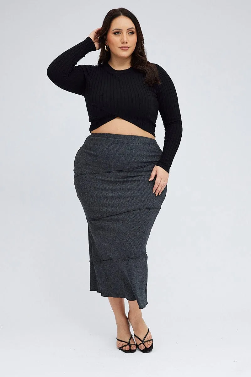 Grey Maxi Skirt Asymmetrical Rib Comfy Look Pull On Style
