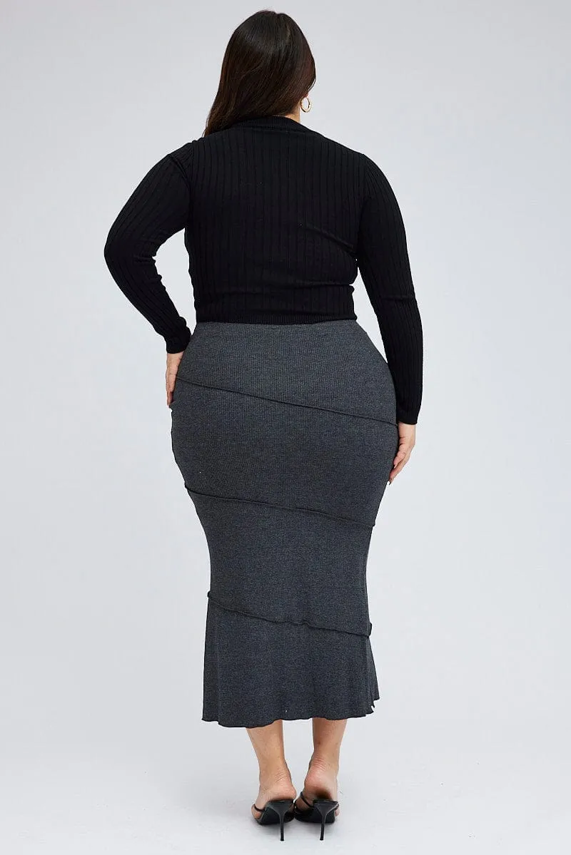 Grey Maxi Skirt Asymmetrical Rib Street Attire