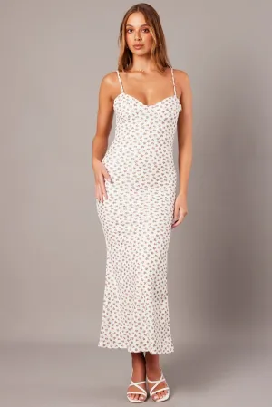 This dress is designed to keep you comfortable while maintaining a stylish and polished appearance Island Mood White Ditsy Maxi Dress Sweetheart Neck Bodycon Textured