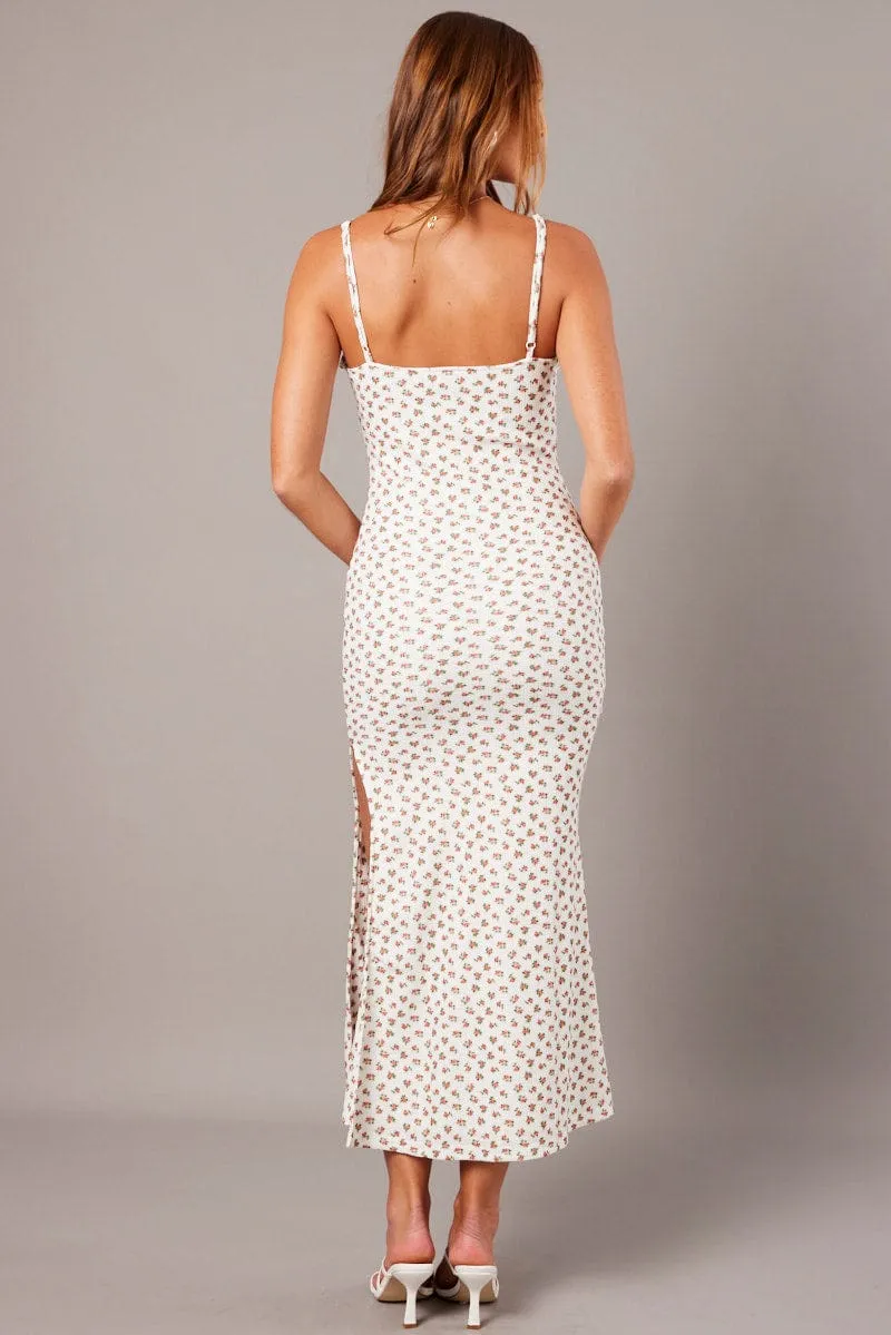 White Ditsy Maxi Dress Sweetheart Neck Bodycon Textured Pool side