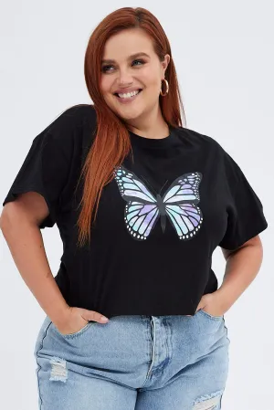 Black Graphic T-shirt Tie Dye Crop Butterfly Cotton Weekend Look