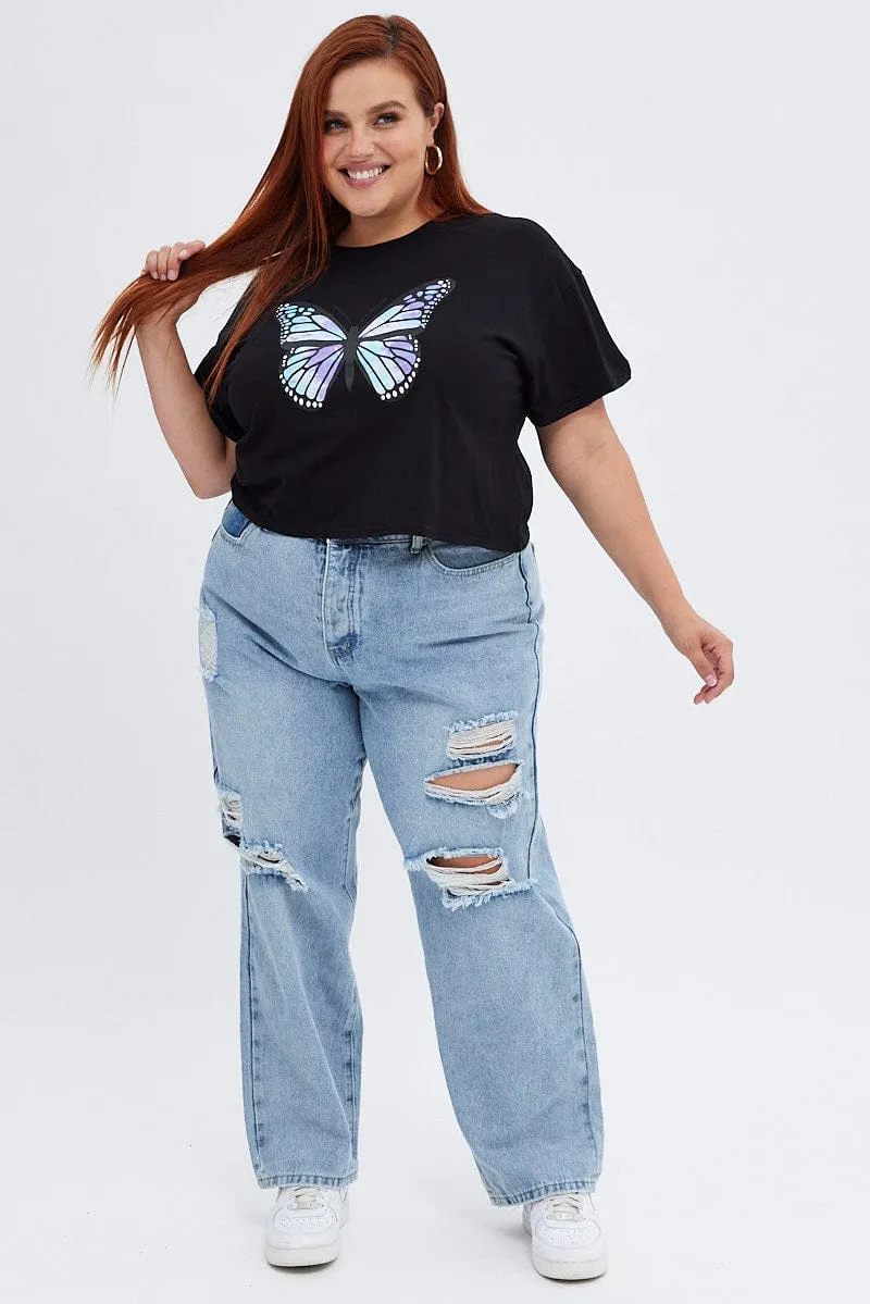 Indoor Event Black Graphic T-shirt Tie Dye Crop Butterfly Cotton