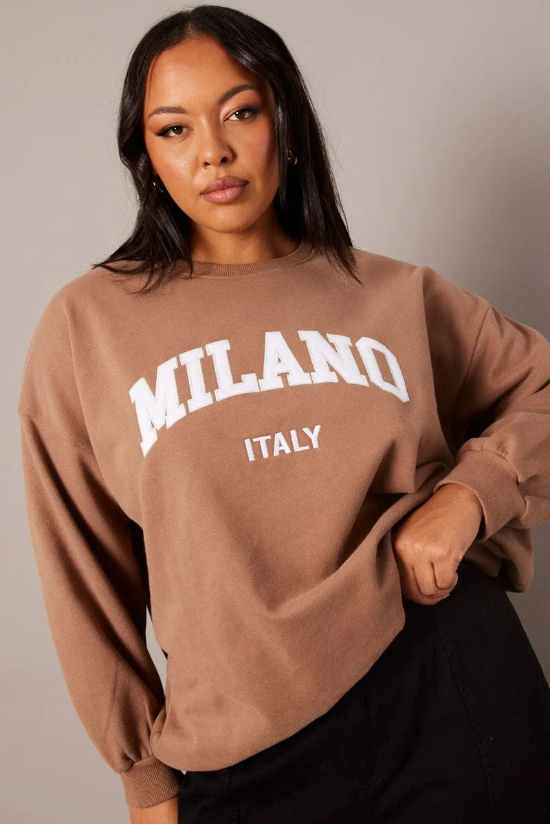 Brown Oversized Sweater Long Sleeve Crew Neck Animal Print