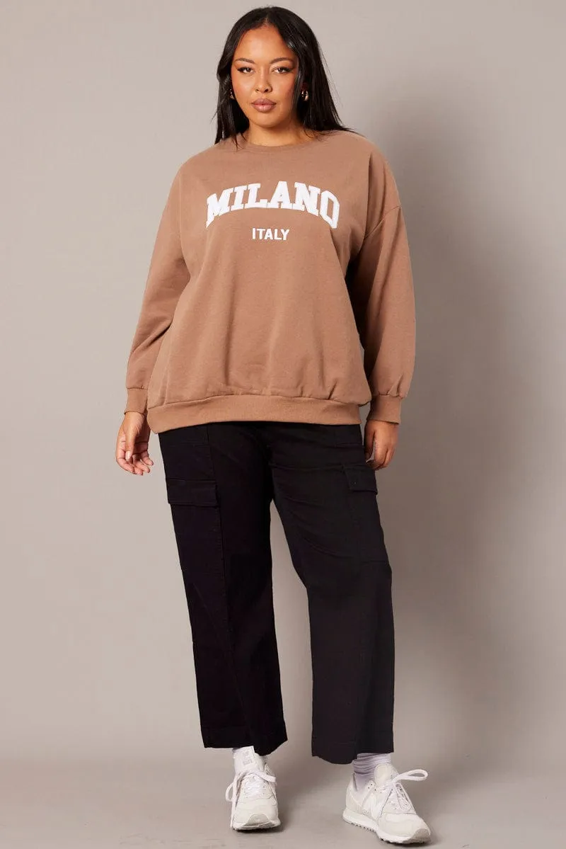product formal casual harmony Brown Oversized Sweater Long Sleeve Crew Neck