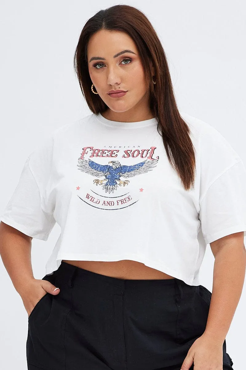 Soft Brushed Finish Adjustable Hem White Graphic T-shirt Free Soul Eagle Print