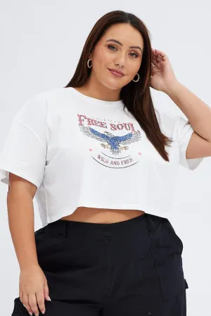 White Graphic T-shirt Free Soul Eagle Print Seasonal top Long Lasting Color