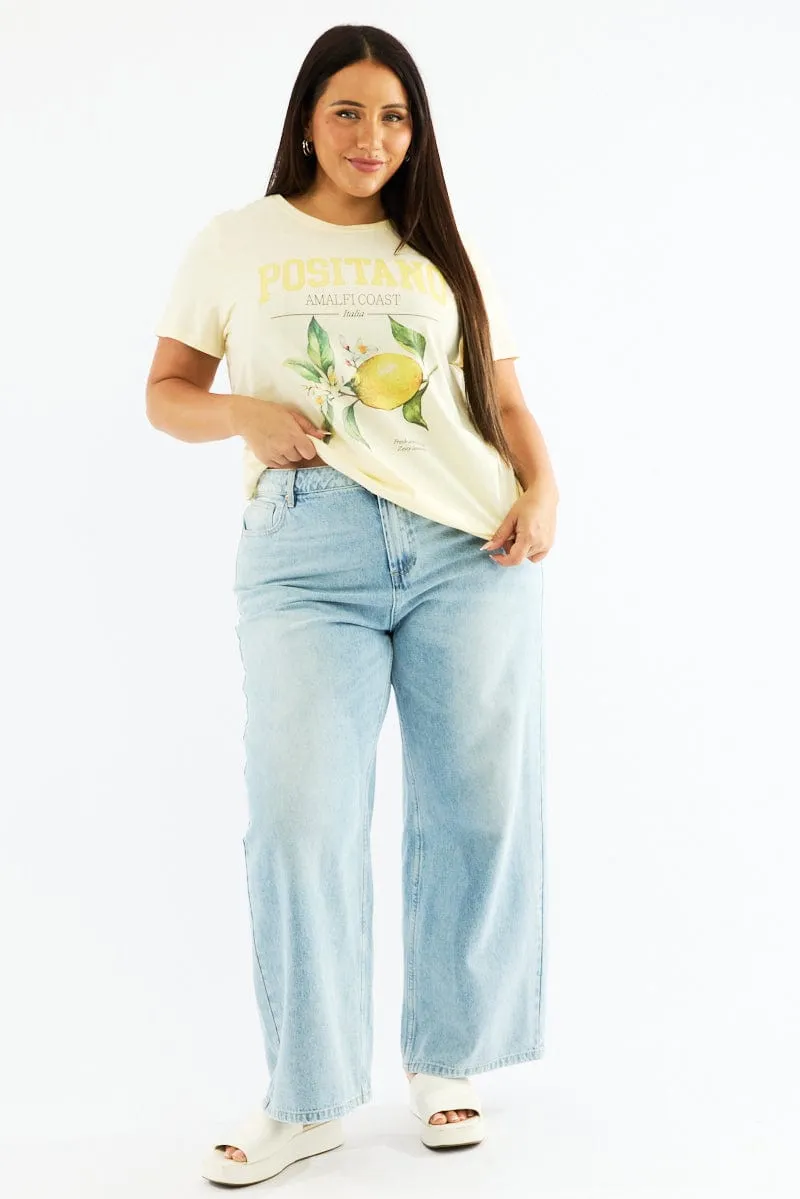 Trendy Yellow Graphic T Shirt Short Sleeve Crew Neck