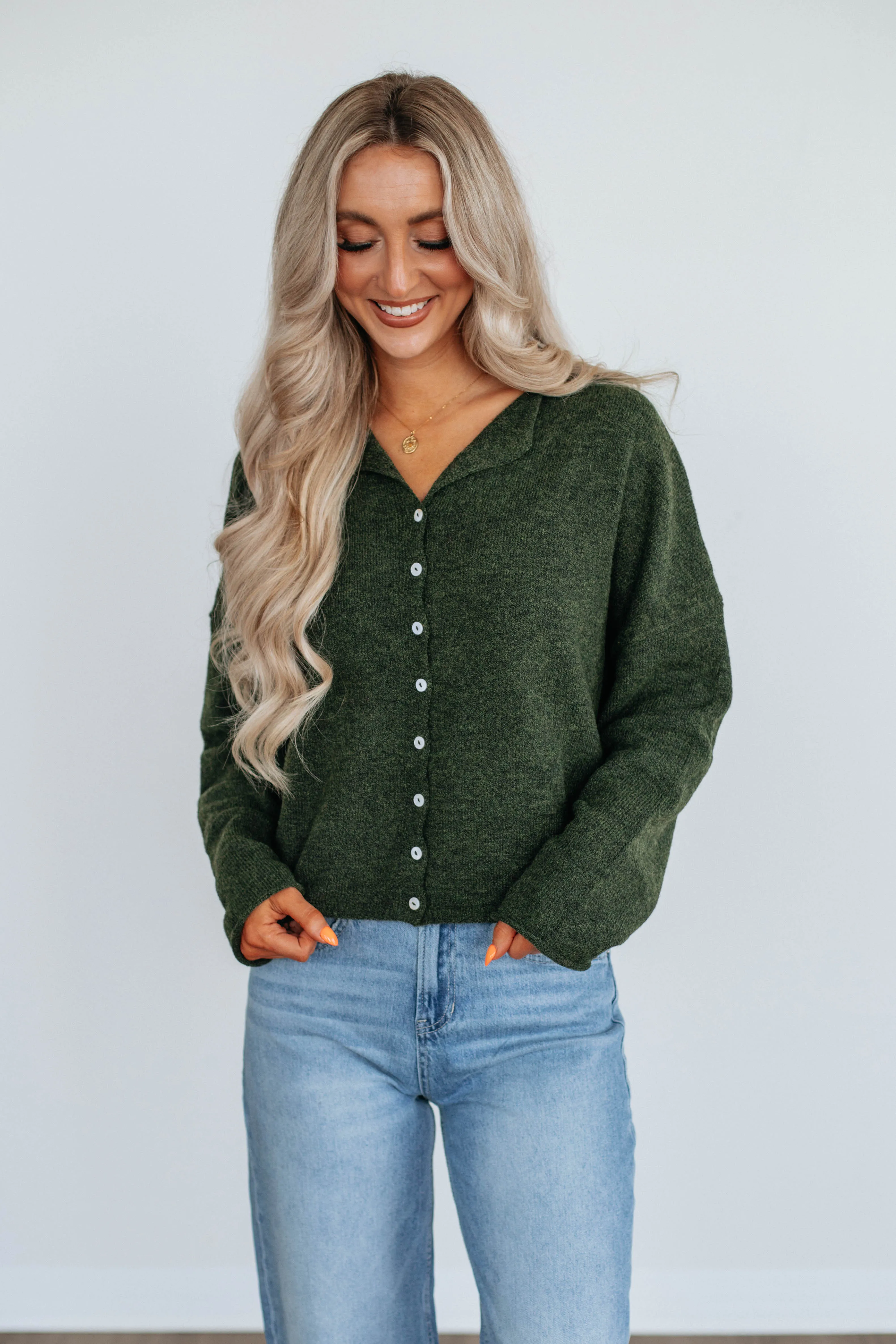 Tactile Grid Knit Brooke Cardigan - Pine