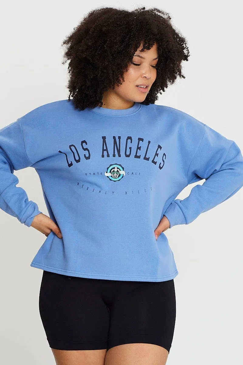 Mid Blue Sleeve Sweatshirt California Crew Neck Long Logo Design