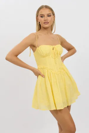 Yellow Fit And Flare Dress Mini Eyelet Fabric Rich Tone StretchPaneling