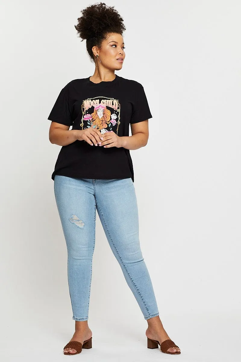 Anti-bacterial Black Graphic T-shirt Moon Child Short Sleeve Cotton