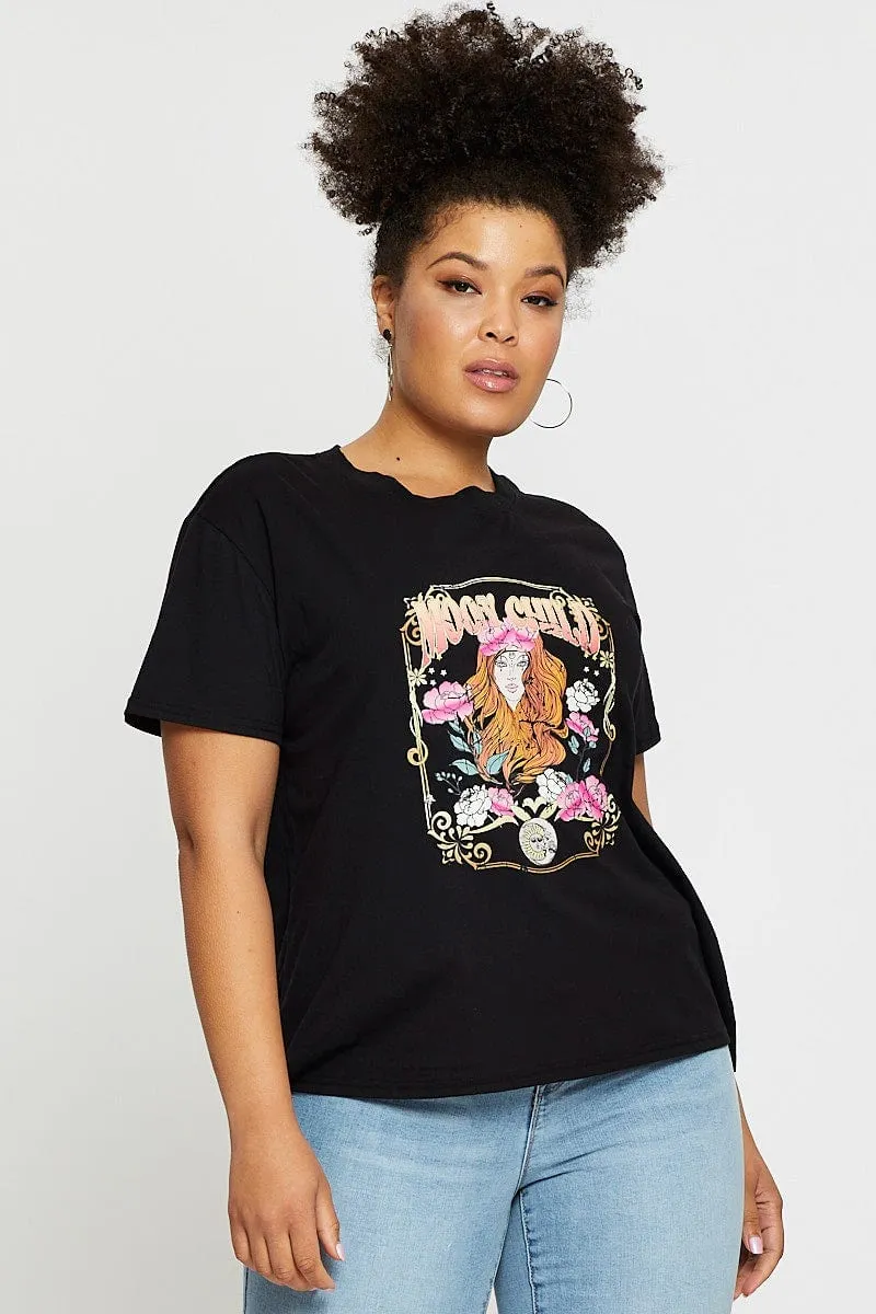 Printed Logo Bold and Comfortable Black Graphic T-shirt Moon Child Short Sleeve Cotton