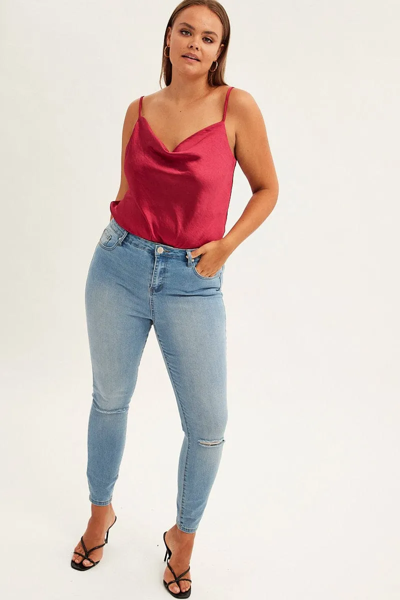 Diamond Soul Outdoor Shirt Red Singlet Top Sleeveless Satin Cowl Neck