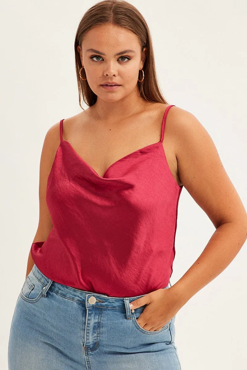 Red Singlet Top Sleeveless Satin Cowl Neck Magic Glow Simple Style