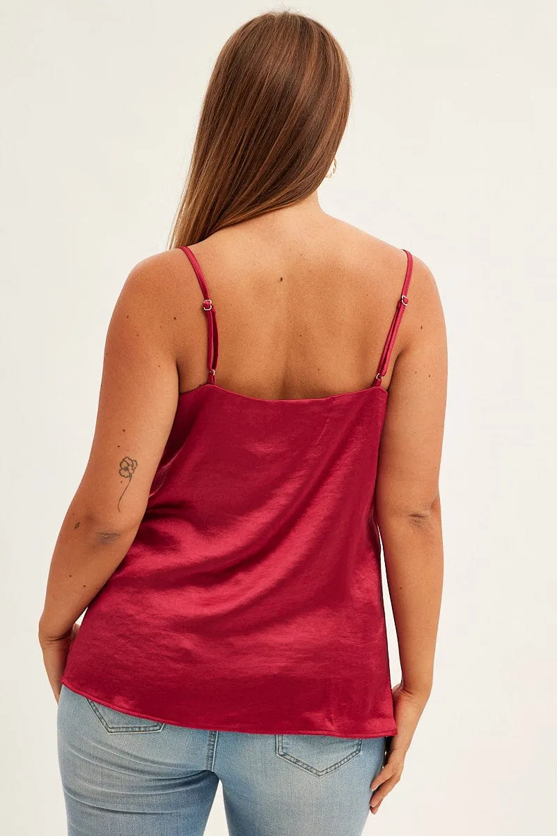 Chic Jacket Red Singlet Top Sleeveless Satin Cowl Neck