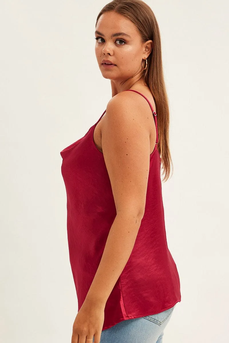Red Singlet Top Sleeveless Satin Cowl Neck Comfort Fit