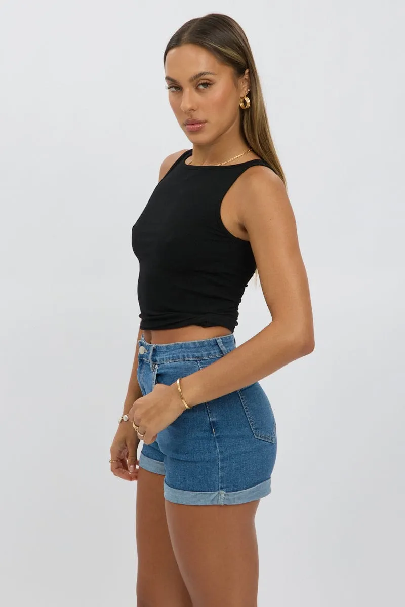 Black Boat Neck Tank Top Rib GridTexture