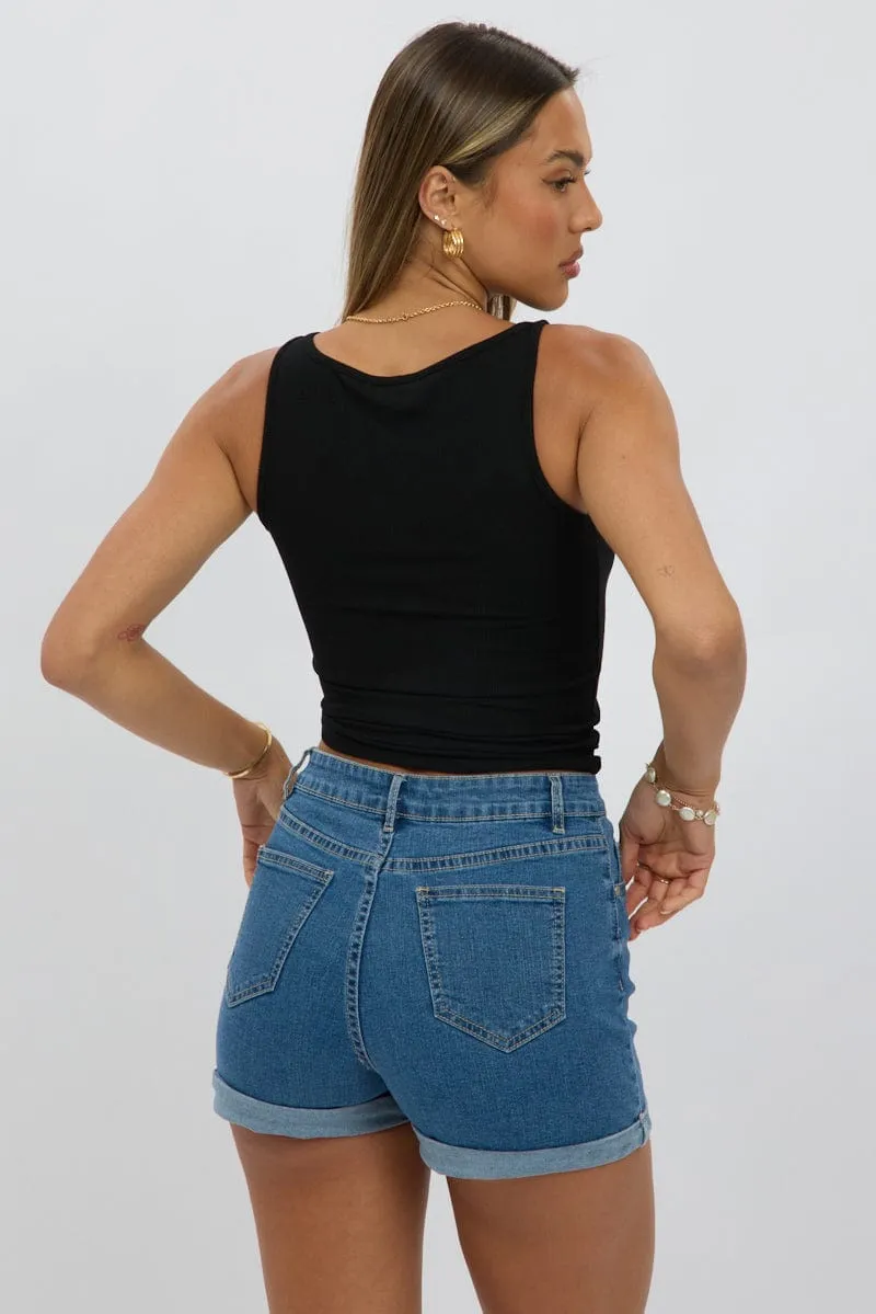 Black Boat Neck Tank Top Rib Winter Style