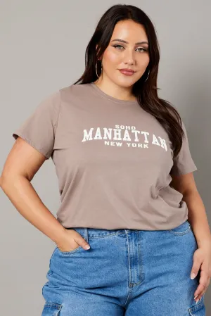 Brown Graphic T-shirt Short Sleeve Crew Neck Easy Wear Option