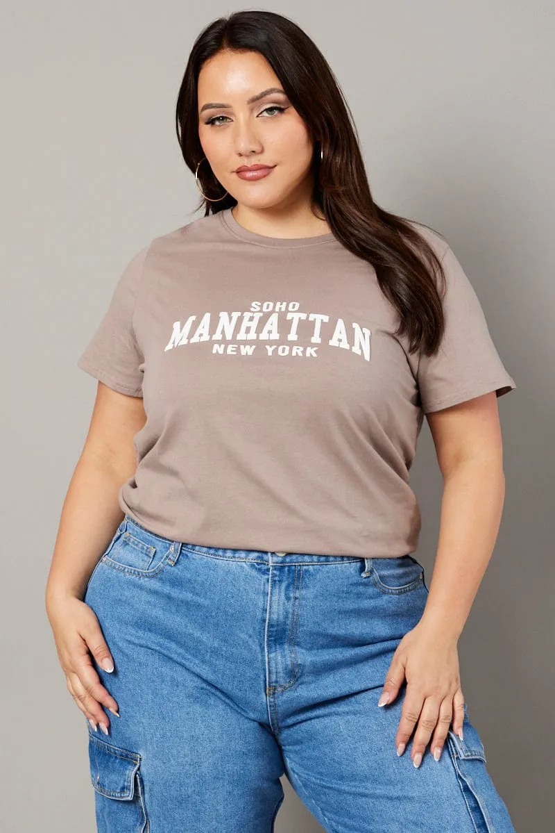 Brown Graphic T-shirt Short Sleeve Crew Neck Urban Casual Look Foam Print Detail